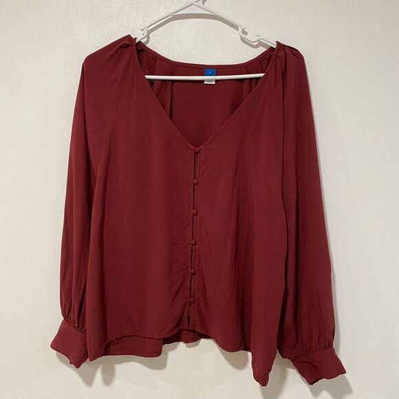 Old Navy Women’s Large Burgundy Button Front Blouse Long Sleeve V-Neck - Picture 1 of 4